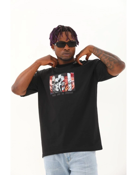 Oversize Baskılı Bisiklet Yaka T-Shirt - Siyah -