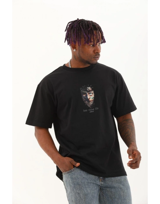 Oversize Baskılı Bisiklet Yaka T-Shirt - Siyah -