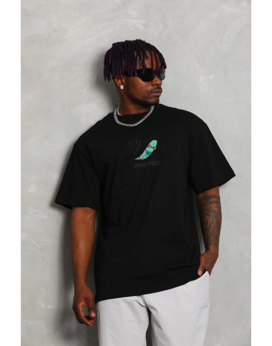 Oversize Baskılı Bisiklet Yaka T-Shirt - Siyah -