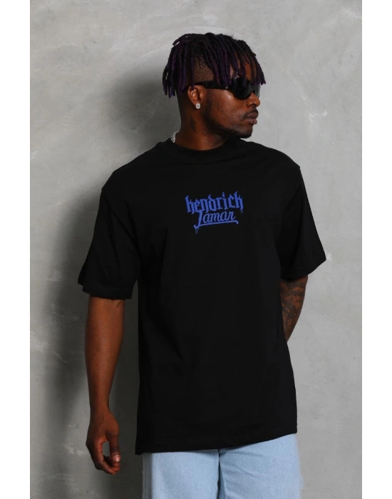 Oversize Baskılı Bisiklet Yaka T-Shirt - Siyah -