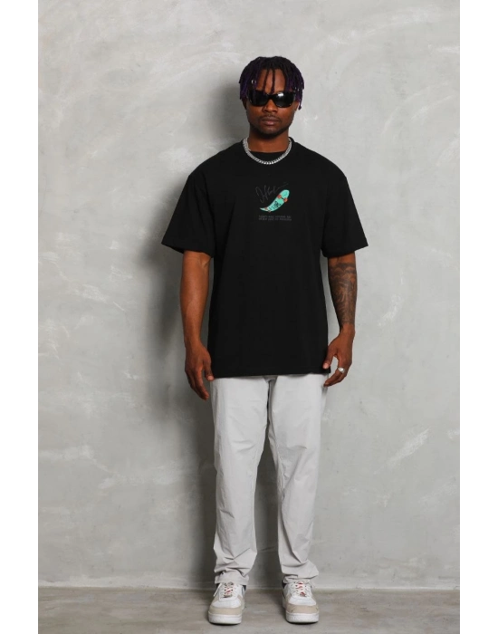 Oversize Baskılı Bisiklet Yaka T-Shirt - Siyah -