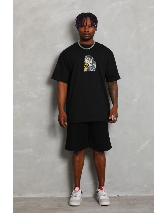 Oversize Baskılı Bisiklet Yaka T-Shirt - Siyah -