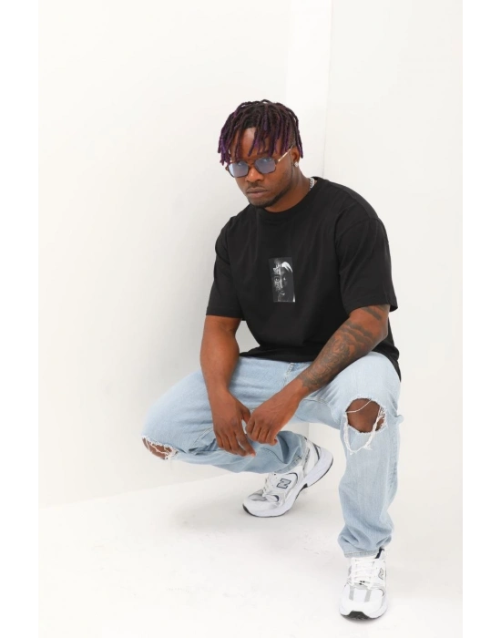 Oversize Baskılı Bisiklet Yaka T-Shirt - Siyah -