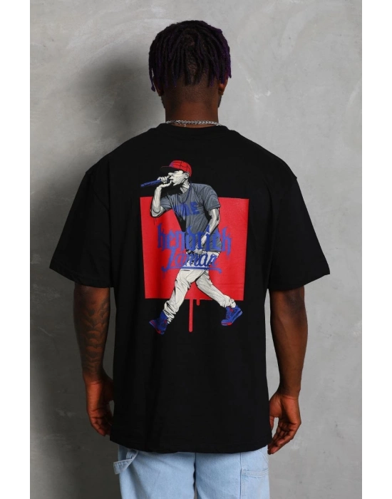 Oversize Baskılı Bisiklet Yaka T-Shirt - Siyah -