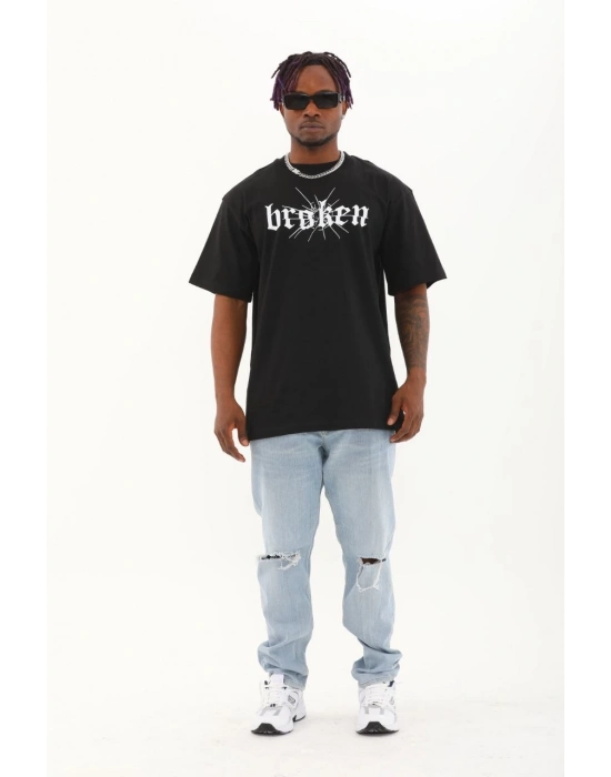 Oversize Baskılı Bisiklet Yaka T-Shirt - Siyah -