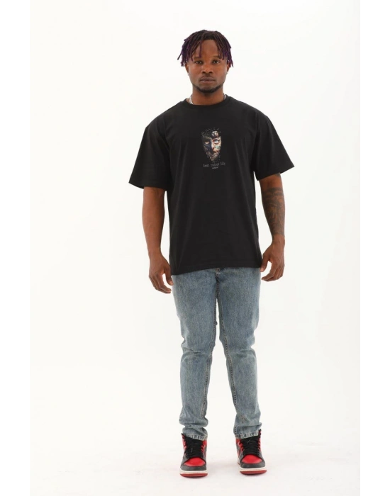 Oversize Baskılı Bisiklet Yaka T-Shirt - Siyah -