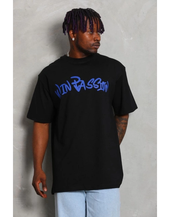 Oversize Baskılı Bisiklet Yaka T-Shirt - Siyah -