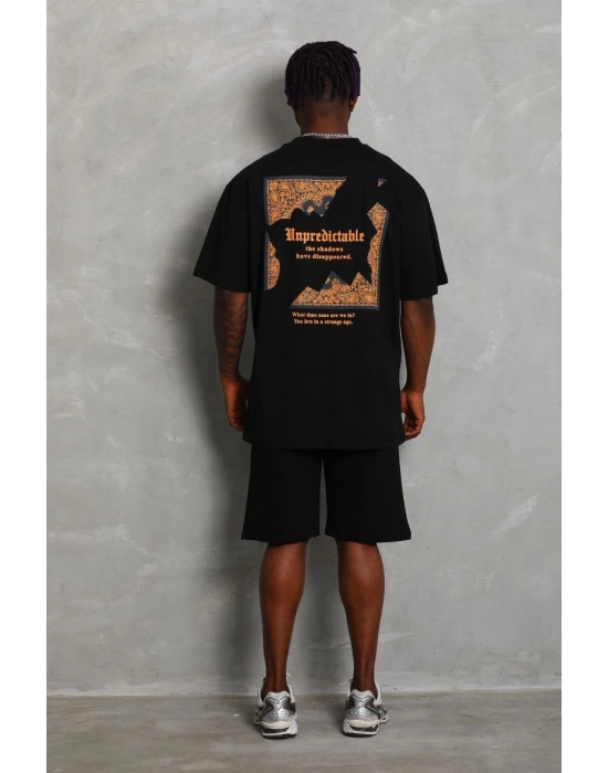 Oversize Baskılı Bisiklet Yaka T-Shirt - Siyah -