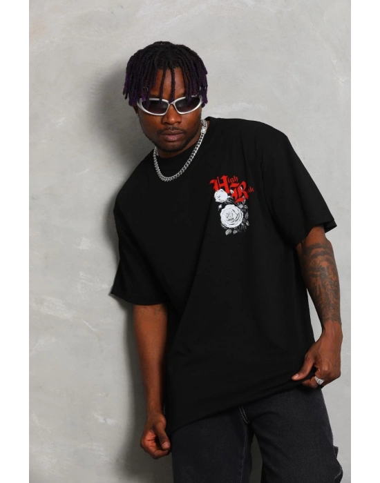 Oversize Baskılı Bisiklet Yaka T-Shirt - Siyah -