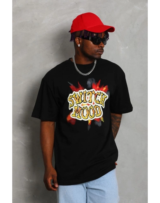 Oversize Baskılı Bisiklet Yaka T-Shirt - Siyah -