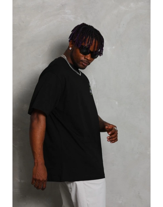 Oversize Baskılı Bisiklet Yaka T-Shirt - Siyah -