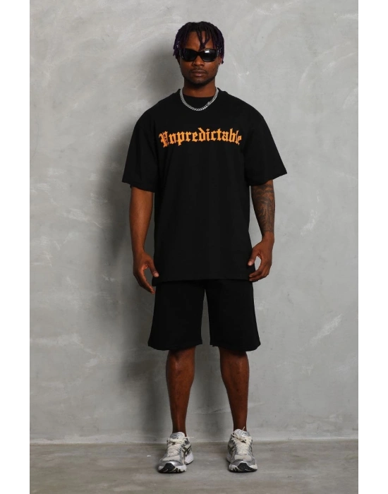 Oversize Baskılı Bisiklet Yaka T-Shirt - Siyah -