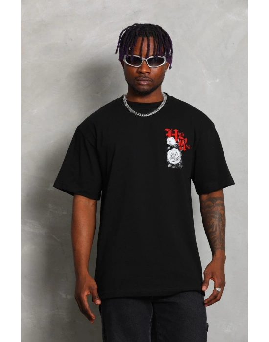 Oversize Baskılı Bisiklet Yaka T-Shirt - Siyah -