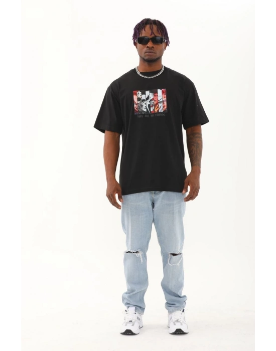 Oversize Baskılı Bisiklet Yaka T-Shirt - Siyah -