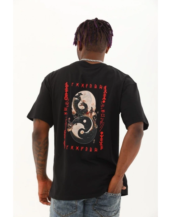 Oversize Baskılı Bisiklet Yaka T-Shirt - Siyah -