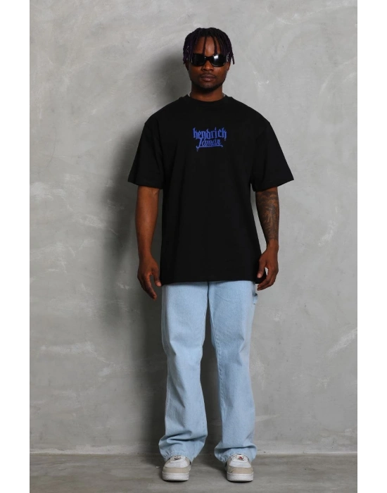 Oversize Baskılı Bisiklet Yaka T-Shirt - Siyah -