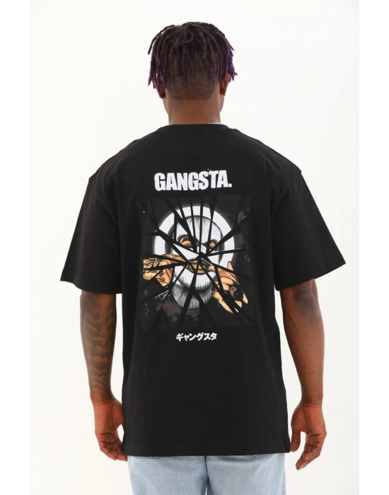 Oversize Baskılı Bisiklet Yaka T-Shirt - Siyah -