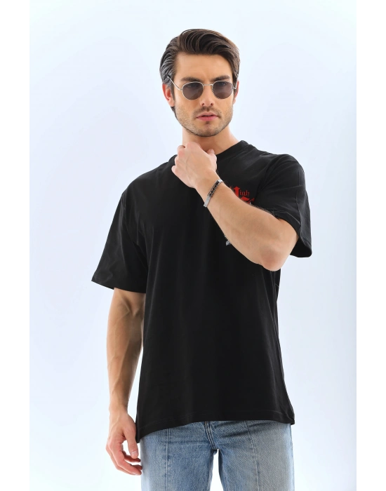 Oversize Baskılı Bisiklet Yaka T-Shirt - Siyah -