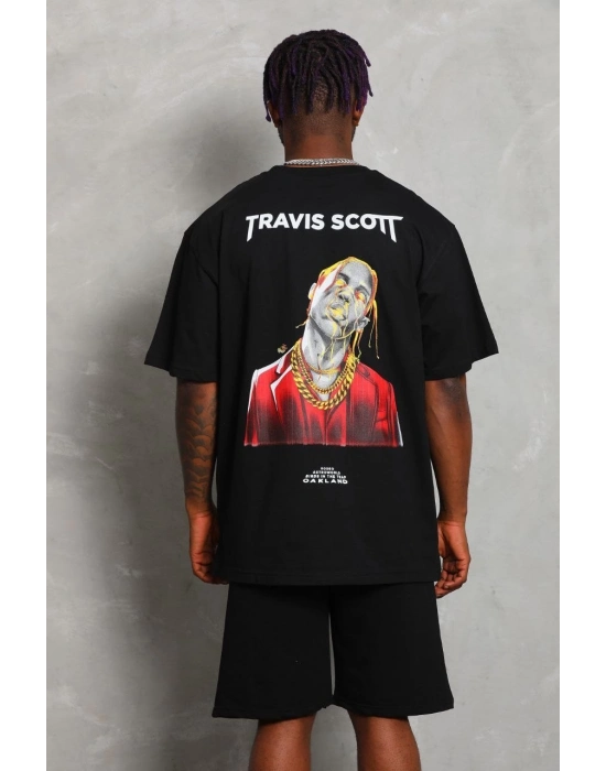 Oversize Baskılı Bisiklet Yaka T-Shirt - Siyah -