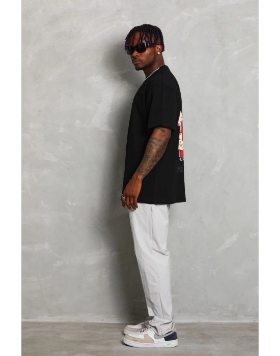 Oversize Baskılı Bisiklet Yaka T-Shirt - Siyah -