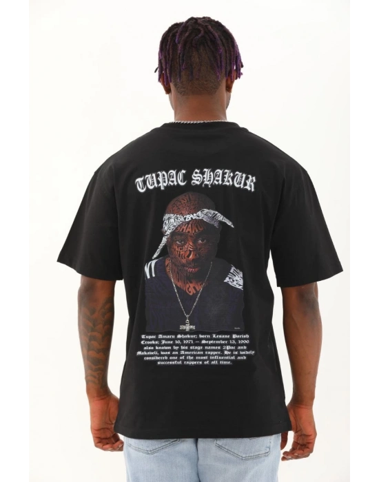 Oversize Baskılı Bisiklet Yaka T-Shirt - Siyah -