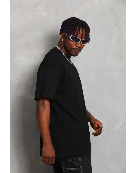 Oversize Baskılı Bisiklet Yaka T-Shirt - Siyah -