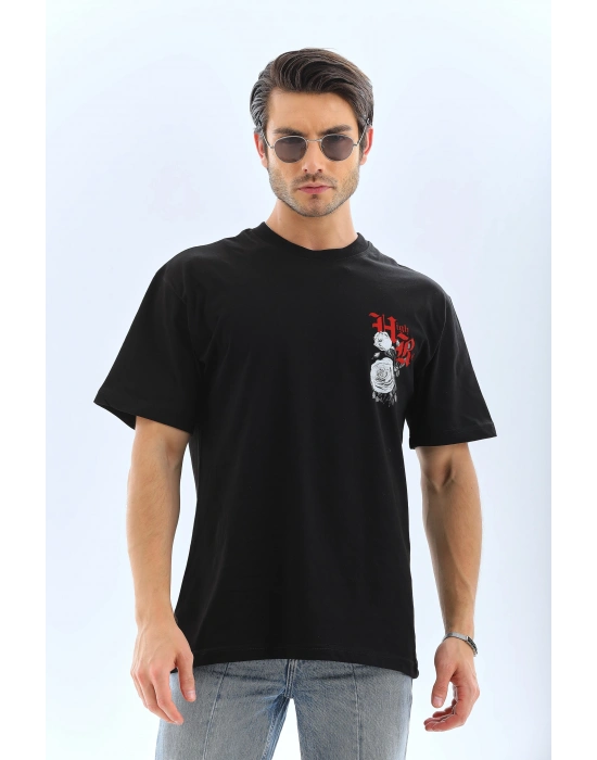 Oversize Baskılı Bisiklet Yaka T-Shirt - Siyah -