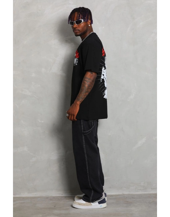 Oversize Baskılı Bisiklet Yaka T-Shirt - Siyah -