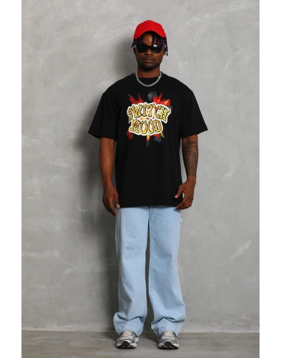 Oversize Baskılı Bisiklet Yaka T-Shirt - Siyah -