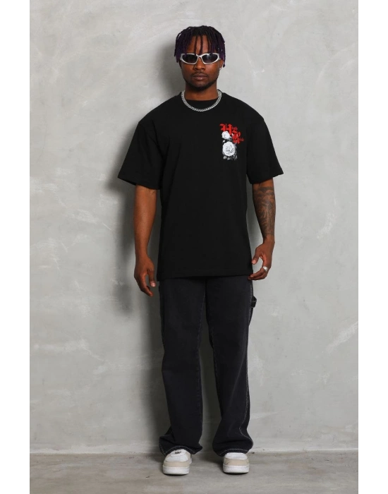 Oversize Baskılı Bisiklet Yaka T-Shirt - Siyah -