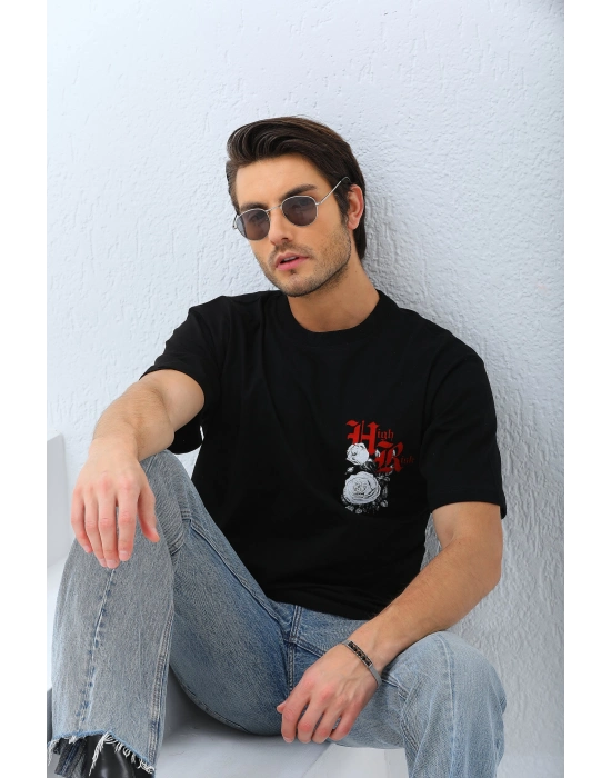 Oversize Baskılı Bisiklet Yaka T-Shirt - Siyah -