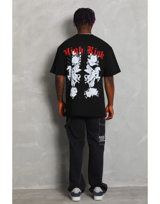 Oversize Baskılı Bisiklet Yaka T-Shirt - Siyah -