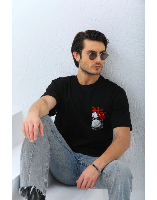 Oversize Baskılı Bisiklet Yaka T-Shirt - Siyah -