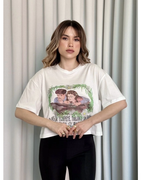 Oversize Beyaz baskılı crop tişört