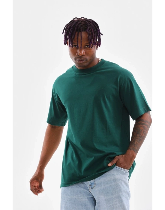 Oversize Düz Bisiklet Yaka T-Shirt - Koyu Yeşili