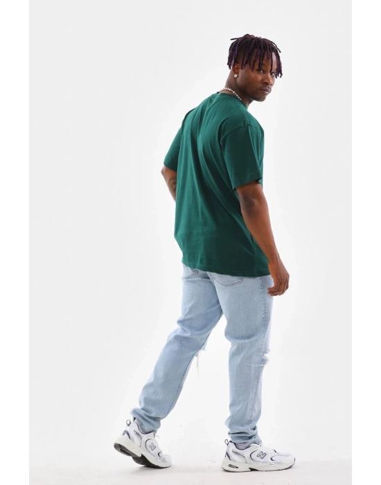 Oversize Düz Bisiklet Yaka T-Shirt - Koyu Yeşili
