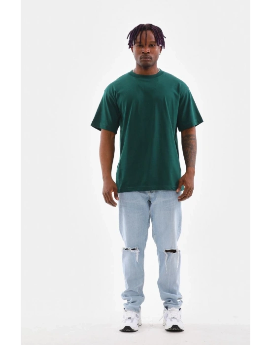Oversize Düz Bisiklet Yaka T-Shirt - Koyu Yeşili