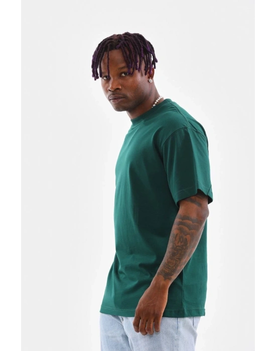 Oversize Düz Bisiklet Yaka T-Shirt - Koyu Yeşili