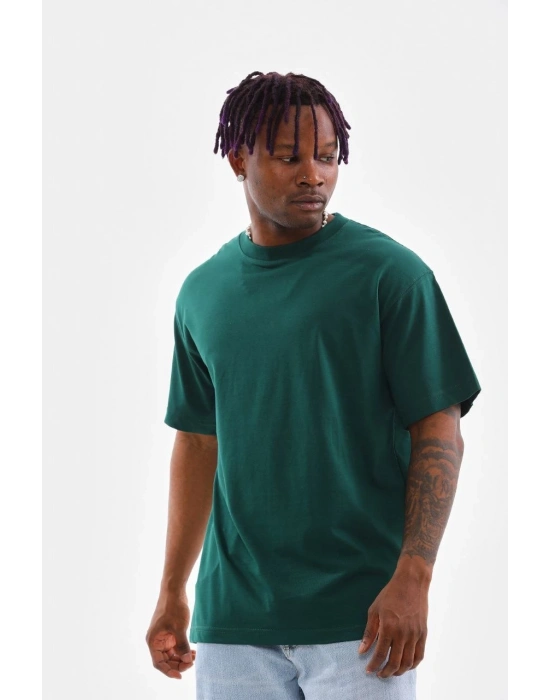 Oversize Düz Bisiklet Yaka T-Shirt - Koyu Yeşili