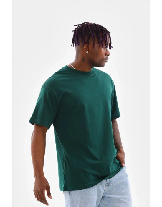 Oversize Düz Bisiklet Yaka T-Shirt - Koyu Yeşili