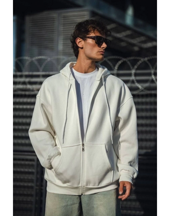 Oversize Tam Fermuarlı Uzun Kol Hırka - Beyaz