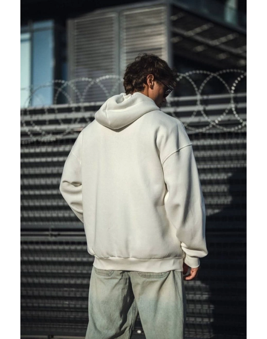 Oversize Tam Fermuarlı Uzun Kol Hırka - Beyaz