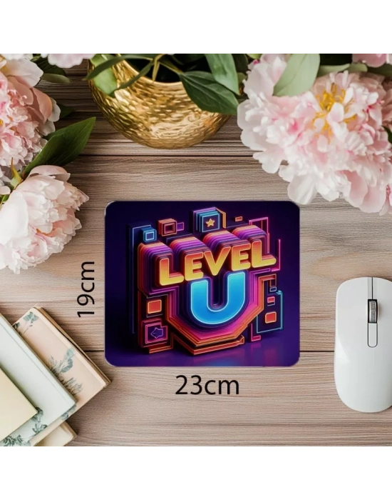 Oyun Enerjili Level Up Mouse Pad Tasarımı - 19x23 cm 2 mm Dikdörtgen İthal Baskılı Mouse Pad