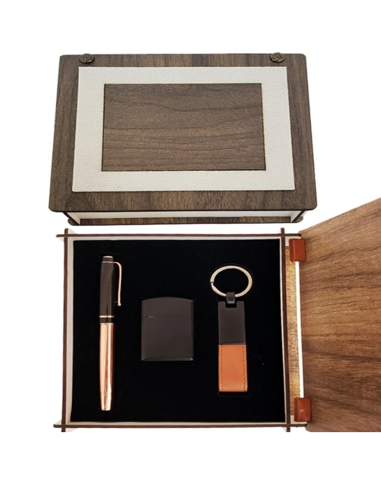Özel Ahşap Kutulu Bakır Roller Kalem, Anahtarlık ve Çakmak Set