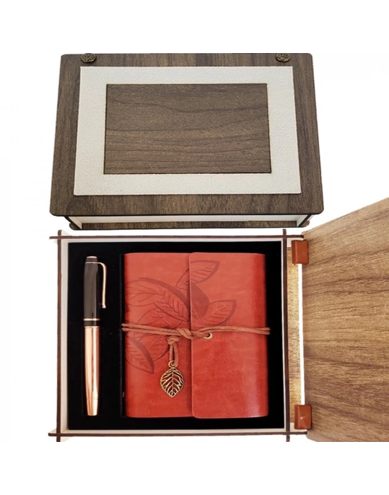 Özel Ahşap Kutulu Kahve Deri Defter Ve Bakır Roller Kalem Set