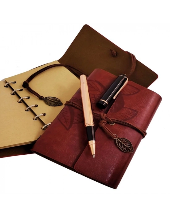 Özel Ahşap Kutulu Kahve Deri Defter Ve Bakır Roller Kalem Set