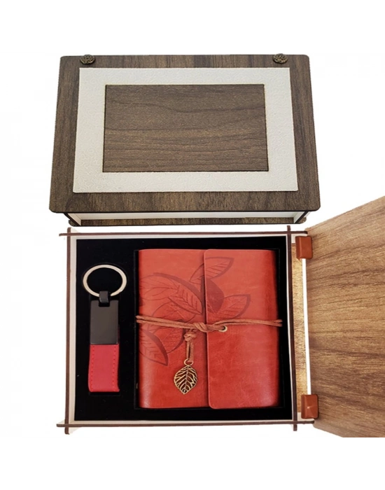 Özel Ahşap Kutulu Kiremit Rengi Deri Defter ve Anahtarlık Set