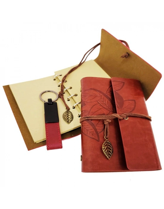 Özel Ahşap Kutulu Kiremit Rengi Deri Defter ve Anahtarlık Set