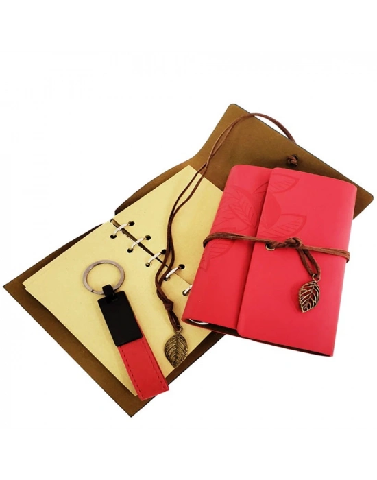 Özel Ahşap Kutulu Kırmızı Deri Defter ve Anahtarlık Seti