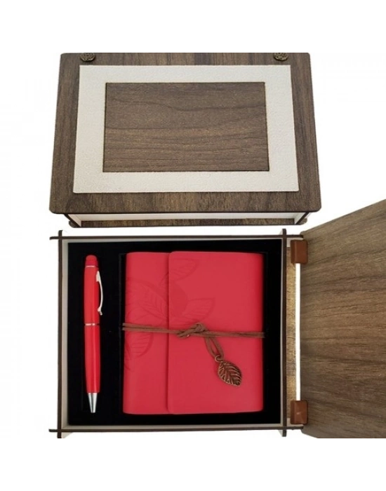 Özel Ahşap Kutulu Kırmızı Deri Defter ve Kalem Set